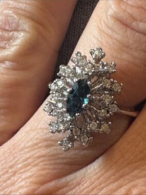 Silver Floral Halo Ring with Blue Center Stone Size 8